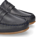 Classic navy blue leather kids loafer shoes with detail mask.