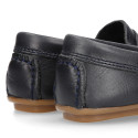 Classic navy blue leather kids loafer shoes with detail mask.