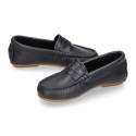 Classic navy blue leather kids loafer shoes with detail mask.