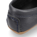 Classic navy blue leather kids loafer shoes with detail mask.