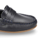 Classic navy blue leather kids loafer shoes with detail mask.