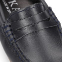 Classic navy blue leather kids loafer shoes with detail mask.