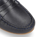 Classic navy blue leather kids loafer shoes with detail mask.