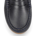Classic navy blue leather kids loafer shoes with detail mask.