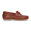 Classic tanned leather kids loafer shoes with detail mask.