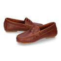 Classic tanned leather kids loafer shoes with detail mask.