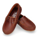 Classic tanned leather kids loafer shoes with detail mask.