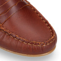 Classic tanned leather kids loafer shoes with detail mask.