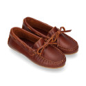 Classic tanned leather kids loafer shoes with laces design.