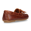 Classic tanned leather kids loafer shoes with laces design.