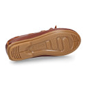 Classic tanned leather kids loafer shoes with laces design.