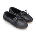 Classic navy blue leather kids loafer shoes with laces design.