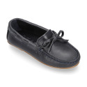 Classic navy blue leather kids loafer shoes with laces design.