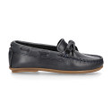 Classic navy blue leather kids loafer shoes with laces design.