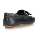 Classic navy blue leather kids loafer shoes with laces design.