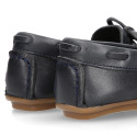 Classic navy blue leather kids loafer shoes with laces design.