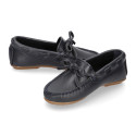 Classic navy blue leather kids loafer shoes with laces design.