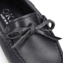 Classic navy blue leather kids loafer shoes with laces design.