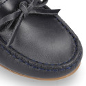 Classic navy blue leather kids loafer shoes with laces design.