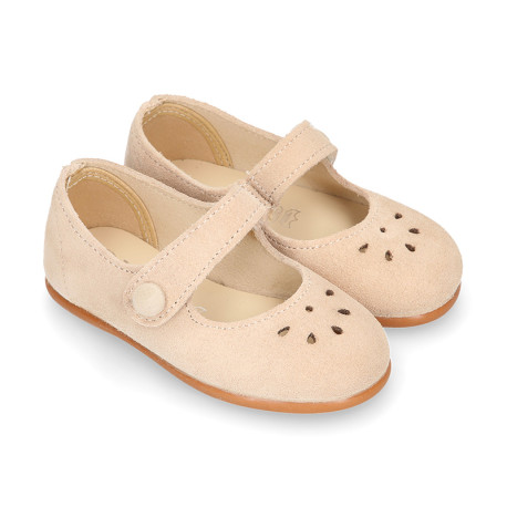 Suede leather Girl Mary Jane shoes with hook and loop strap closure and chopped design in ivory color.