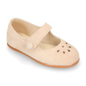 Suede leather Girl Mary Jane shoes with hook and loop strap closure and chopped design in ivory color.