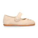 Suede leather Girl Mary Jane shoes with hook and loop strap closure and chopped design in ivory color.