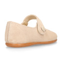 Suede leather Girl Mary Jane shoes with hook and loop strap closure and chopped design in ivory color.