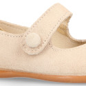 Suede leather Girl Mary Jane shoes with hook and loop strap closure and chopped design in ivory color.