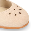 Suede leather Girl Mary Jane shoes with hook and loop strap closure and chopped design in ivory color.