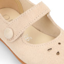 Suede leather Girl Mary Jane shoes with hook and loop strap closure and chopped design in ivory color.