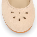Suede leather Girl Mary Jane shoes with hook and loop strap closure and chopped design in ivory color.