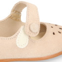 Suede leather Girl Mary Jane shoes with hook and loop strap closure and chopped design in ivory color.