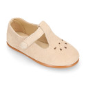 Suede leather Kids T-Strap shoes with hook and loop strap closure and chopped design in ivory color.