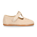 Suede leather Kids T-Strap shoes with hook and loop strap closure and chopped design in ivory color.