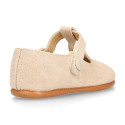 Suede leather Kids T-Strap shoes with hook and loop strap closure and chopped design in ivory color.