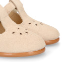 Suede leather Kids T-Strap shoes with hook and loop strap closure and chopped design in ivory color.