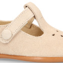 Suede leather Kids T-Strap shoes with hook and loop strap closure and chopped design in ivory color.