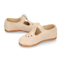 Suede leather Kids T-Strap shoes with hook and loop strap closure and chopped design in ivory color.