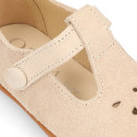 Suede leather Kids T-Strap shoes with hook and loop strap closure and chopped design in ivory color.