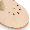 Suede leather Kids T-Strap shoes with hook and loop strap closure and chopped design in ivory color.