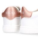 Okaa Flex Kids Sneaker shoes with salmon side straps design. RESPECTFUL model.