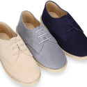 Suede leather kids oxford shoes espadrille style.