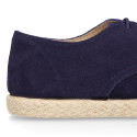 Suede leather kids oxford shoes espadrille style.