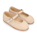 Suede leather ceremony Girl Mary Jane shoes in pastel colors.