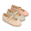 Suede leather ceremony Girl Mary Jane shoes in pastel colors.