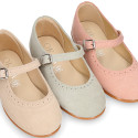 Suede leather ceremony Girl Mary Jane shoes in pastel colors.