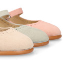 Suede leather ceremony Girl Mary Jane shoes in pastel colors.