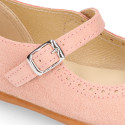 Suede leather ceremony Girl Mary Jane shoes in pastel colors.