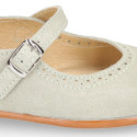 Suede leather ceremony Girl Mary Jane shoes in pastel colors.