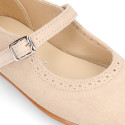 Suede leather ceremony Girl Mary Jane shoes in pastel colors.